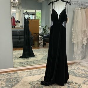 Black full length gown with mesh cutouts Val Stefani 3707RY